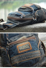 Denim Vintage Blue Mens Large Sling Bag Chest Bag Jean One Shoulder Backpacks For Men - iwalletsmen