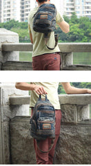 Denim Vintage Blue Mens Large Sling Bag Chest Bag Jean One Shoulder Backpacks For Men - iwalletsmen