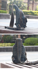 Denim Vintage Blue Messenger Bag Chest Bag Jean Blue One Shoulder Backpack For Men - iwalletsmen