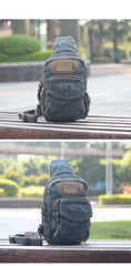 Denim Vintage Blue Messenger Bag Chest Bag Jean Blue One Shoulder Backpack For Men - iwalletsmen