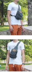 Denim Vintage Blue Messenger Bag Chest Bag Jean Blue One Shoulder Backpack For Men - iwalletsmen