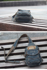 Denim Vintage Blue Messenger Bag Chest Bag Jean Blue One Shoulder Backpack For Men - iwalletsmen