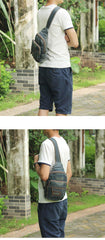 Denim Vintage Blue Mens Sling Bag Chest Bags Jean One Shoulder Backpack For Men - iwalletsmen
