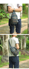 Denim Vintage Blue Mens Sling Bag Chest Bags Jean One Shoulder Backpack For Men - iwalletsmen