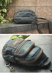 Denim Vintage Blue Mens Sling Bag Chest Bags Jean One Shoulder Backpack For Men - iwalletsmen