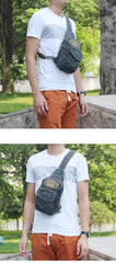 Fashion Denim Blue Mens Sling Bag Chest Bags Blue Denim One Shoulder Backpacks Sling Pack For Men - iwalletsmen