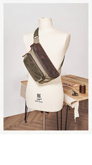 Vintage Canvas Green Leather Mens Fanny Pack Canvas Waist Bags Canvas Hip Pack for Men - iwalletsmen