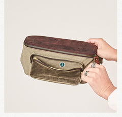 Vintage Canvas Green Leather Mens Fanny Pack Canvas Waist Bags Canvas Hip Pack for Men - iwalletsmen