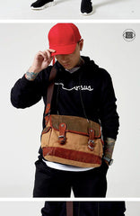 Khaki Canvas Leather Mens Coffee Side Bag Messenger Bag Khaki Canvas Courier Bag for Men - iwalletsmen