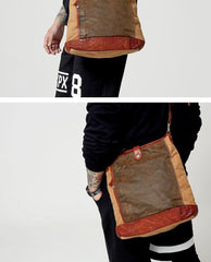 Canvas Leather Mens Distressed Brown Vertical Side Bag Messenger Bag Canvas Courier Bag for Men - iwalletsmen