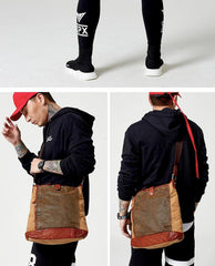 Canvas Leather Mens Distressed Brown Vertical Side Bag Messenger Bag Canvas Courier Bag for Men - iwalletsmen