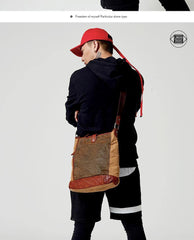 Canvas Leather Mens Distressed Brown Vertical Side Bag Messenger Bag Canvas Courier Bag for Men - iwalletsmen