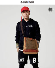 Canvas Leather Mens Distressed Brown Vertical Side Bag Messenger Bag Canvas Courier Bag for Men - iwalletsmen