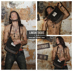 Canvas Leather Mens Gray Black Side Bag Messenger Bags Canvas Courier Bag for Men - iwalletsmen