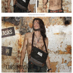 Canvas Leather Mens Gray Black Side Bag Messenger Bags Canvas Courier Bag for Men - iwalletsmen