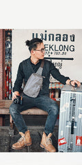 Canvas Leather Mens Gray Sling Backpacks Brown Chest Bag Sling Pack Sling Bag For Men - iwalletsmen