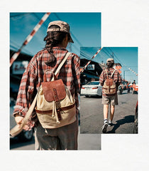 Canvas Leather Mens Womens Backpack Travel Backpack Blue Satchel Rucksack Canvas School Backpack for Men Women - iwalletsmen