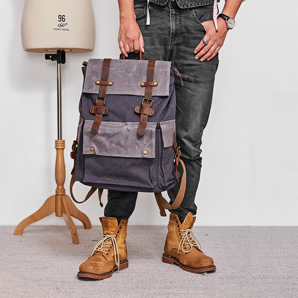 Canvas Leather Mens Backpack 15 inches Travel Green Backpacks Satchel Backpack Canvas School Backpack for Men - iwalletsmen