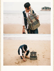 Canvas Leather Mens Backpack 15 inches Travel Green Backpacks Satchel Backpack Canvas School Backpack for Men - iwalletsmen