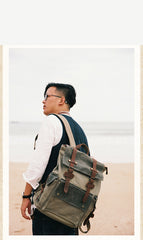 Canvas Leather Mens Backpack 15 inches Travel Green Backpacks Satchel Backpack Canvas School Backpack for Men - iwalletsmen