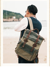 Canvas Leather Mens Backpack 15 inches Travel Green Backpacks Satchel Backpack Canvas School Backpack for Men - iwalletsmen