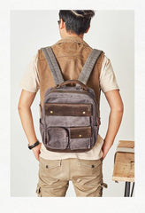 Waxed Canvas Leather Mens Backpack 14 inches Canvas Travel Backpack Canvas Computer Backpack for Men - iwalletsmen