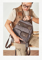Waxed Canvas Leather Mens Backpack 14 inches Canvas Travel Backpack Canvas Computer Backpack for Men - iwalletsmen