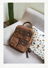 Waxed Canvas Leather Mens Backpack 14 inches Canvas Travel Backpack Canvas Computer Backpack for Men - iwalletsmen