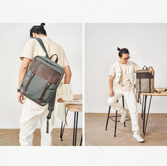 Canvas Leather Mens Backpack Canvas Khaki Travel Backpack Laptop Satchel Backpack for Men - iwalletsmen