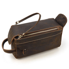Brown Leather Men's Clutch Bag Double Zipped Dark Brown Wristlet Handbag Storage Bag For Men - iwalletsmen