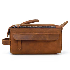 Brown Leather Men's Clutch Bag Double Zipped Dark Brown Wristlet Handbag Storage Bag For Men - iwalletsmen