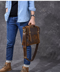 Leather Mens Brown Briefcase 13'' Laptop Bag Messenger Bag Shoulder Bag For Men - iwalletsmen