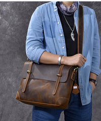 Leather Mens Brown Briefcase 13'' Laptop Bag Messenger Bag Shoulder Bag For Men - iwalletsmen