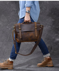 Leather Mens Brown Briefcase 13'' Laptop Bag Messenger Bag Shoulder Bag For Men - iwalletsmen