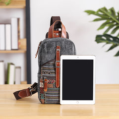 Canvas Mens Folk Gray Chest Bag One Shoulder Backpack Gray Sling Bag for Men - iwalletsmen