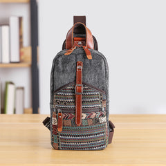 Canvas Mens Folk Gray Chest Bag One Shoulder Backpack Gray Sling Bag for Men - iwalletsmen