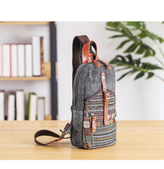 Canvas Mens Folk Gray Chest Bag One Shoulder Backpack Gray Sling Bag for Men - iwalletsmen