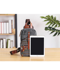 Canvas Mens Folk Gray Chest Bag One Shoulder Backpack Gray Sling Bag for Men - iwalletsmen