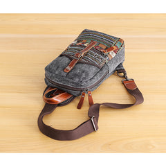 Canvas Mens Folk Gray Chest Bag One Shoulder Backpack Gray Sling Bag for Men - iwalletsmen