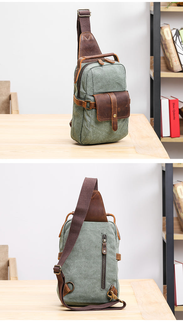 Men's Green Leather One Shoulder Backpack