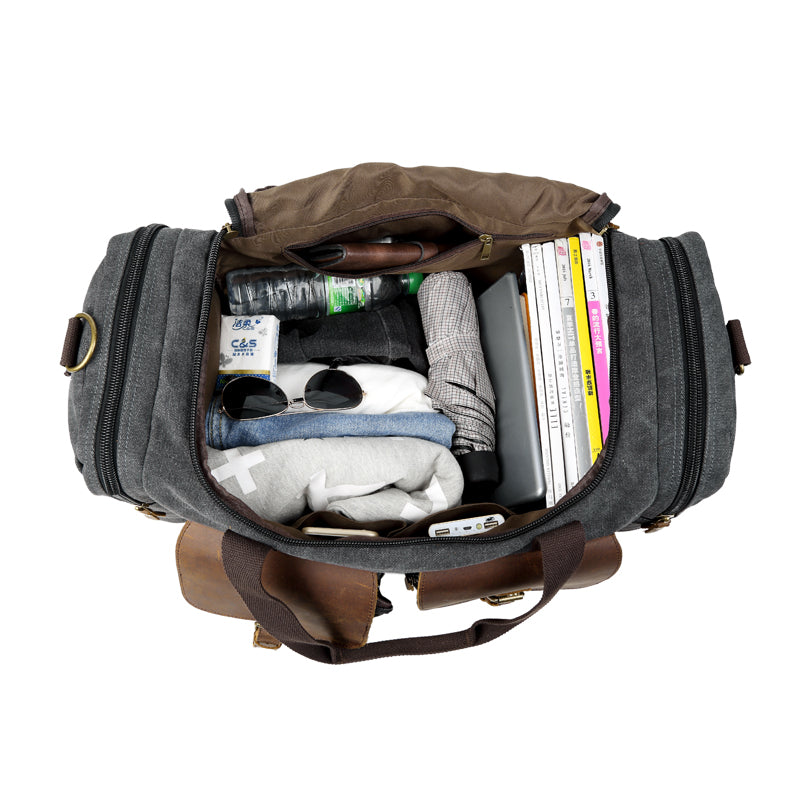 Canvas Leather Mens Large Black Weekender Bag Gray Duffle Bag Luggage – iwalletsmen