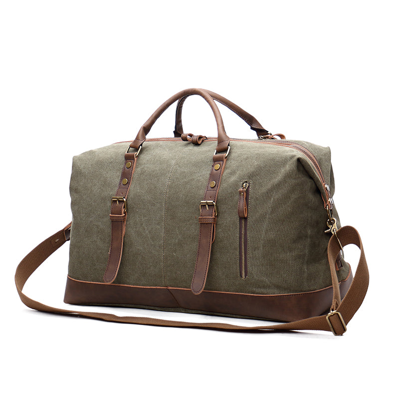 Leather and Canvas Overnight Travel Bag, Army Green