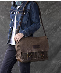 Canvas Leather Mens Large Brown Side Bag 14'' Khaki Messenger Bag Brown Postman Bag For Men - iwalletsmen