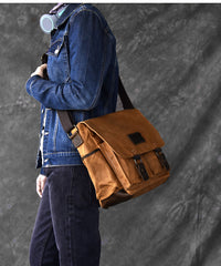 Canvas Leather Mens Large Brown Side Bag 14'' Khaki Messenger Bag Brown Postman Bag For Men - iwalletsmen