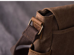 Canvas Leather Mens Large Brown Side Bag 14'' Khaki Messenger Bag Brown Postman Bag For Men - iwalletsmen