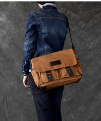 Canvas Leather Mens Large Brown Side Bag 14'' Khaki Messenger Bag Brown Postman Bag For Men - iwalletsmen