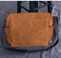 Canvas Leather Mens Large Brown Side Bag 14'' Khaki Messenger Bag Brown Postman Bag For Men - iwalletsmen