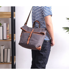 Canvas Leather Mens 13'' Khaki Side Bag Courier Bag Messenger Bag Black Shoulder Bag for Men - iwalletsmen