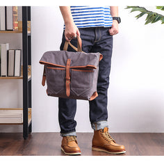 Canvas Leather Mens 13'' Khaki Side Bag Courier Bag Messenger Bag Black Shoulder Bag for Men - iwalletsmen