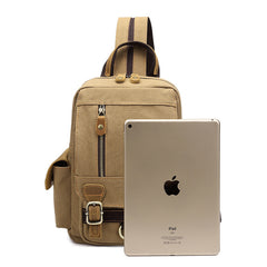 Canvas Leather Mens Mini Sling Bag Khaki Backpack One Shoulder Bag Green Chest Bag for Men - iwalletsmen